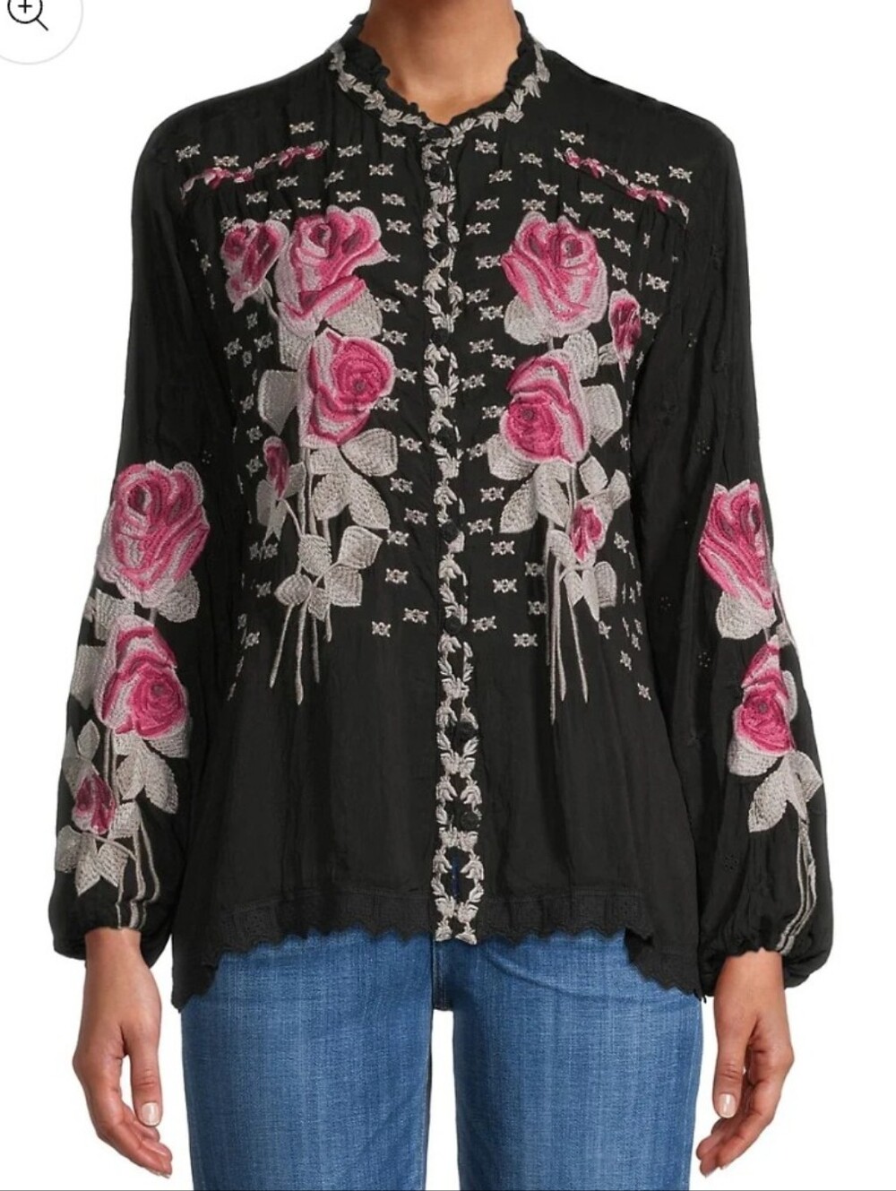 Johnny Was Black Blouse with Pink Rose Embroidery